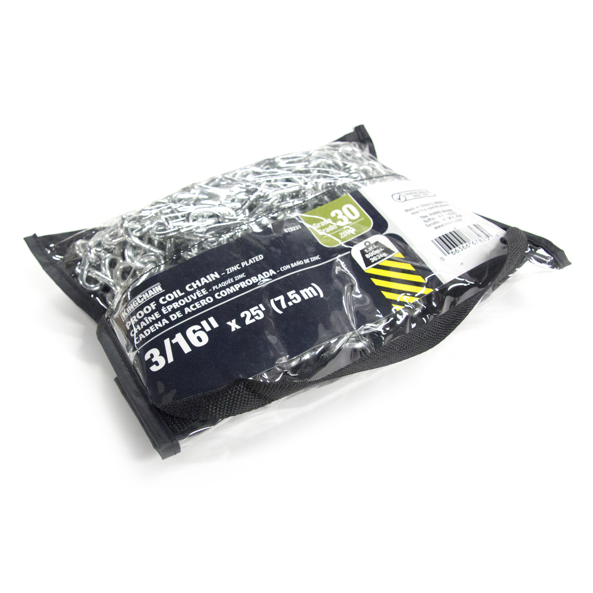 KingChain, 3/16in.x25ft. G30 Proof Coil Chain-Zinc-Bag, Working Load 800 lb, Length 300 in, Material Zinc, Model# 678231